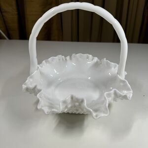 Fenton Hobnail Milk Glass Basket Ruffled Edge 6” Vintage Mid-Century Decor